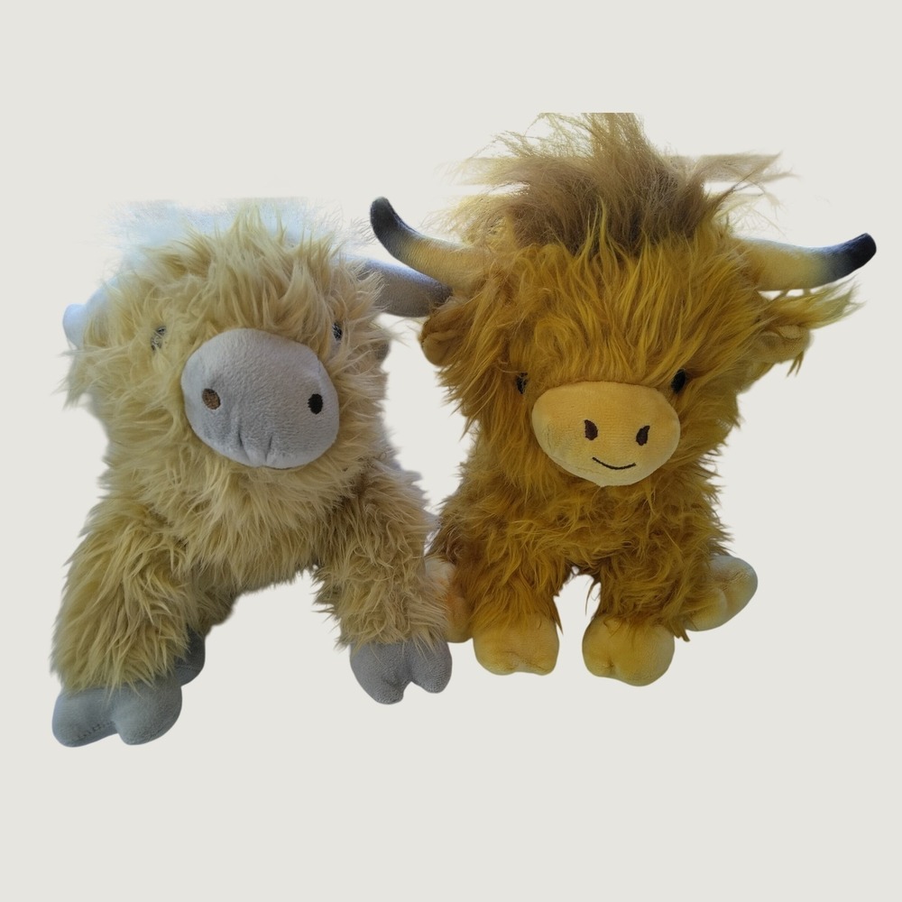Highland Cow Plush Lot Stuffed Animal Set Brown Tan Shaggy Farm Bull 12 Inch